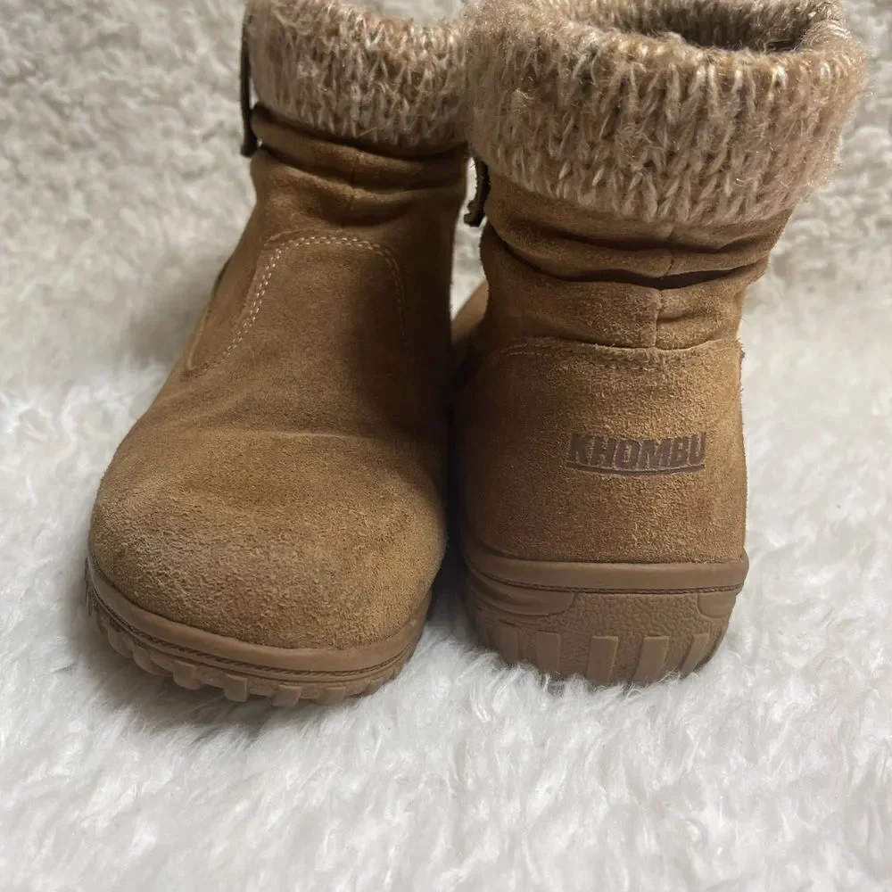 KHOMBU LAURA TAN SUEDE ANKLE BOOTS KNIT TRIM RUBBER SOLES SZ10M